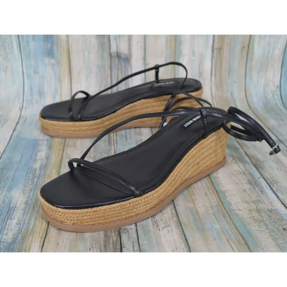 Nine West Alexx Wedge Sandals Size 9 Black Espadrille Ankle Strap Wedges